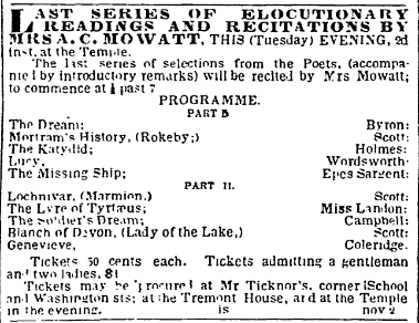 Ad for Mowatt's Readings